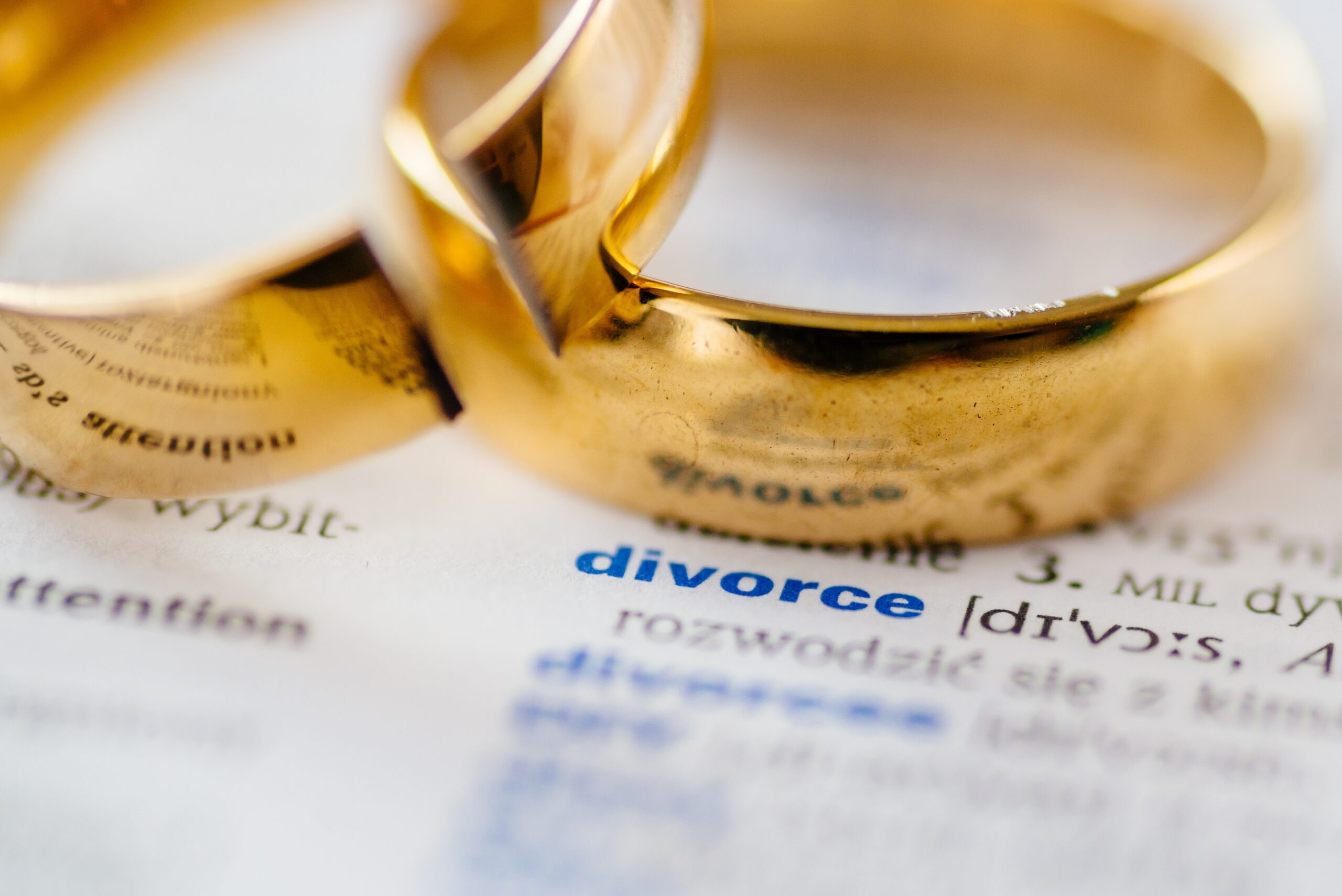 Two broken wedding rings on divorce word in dictionary. Divorce and separation concept